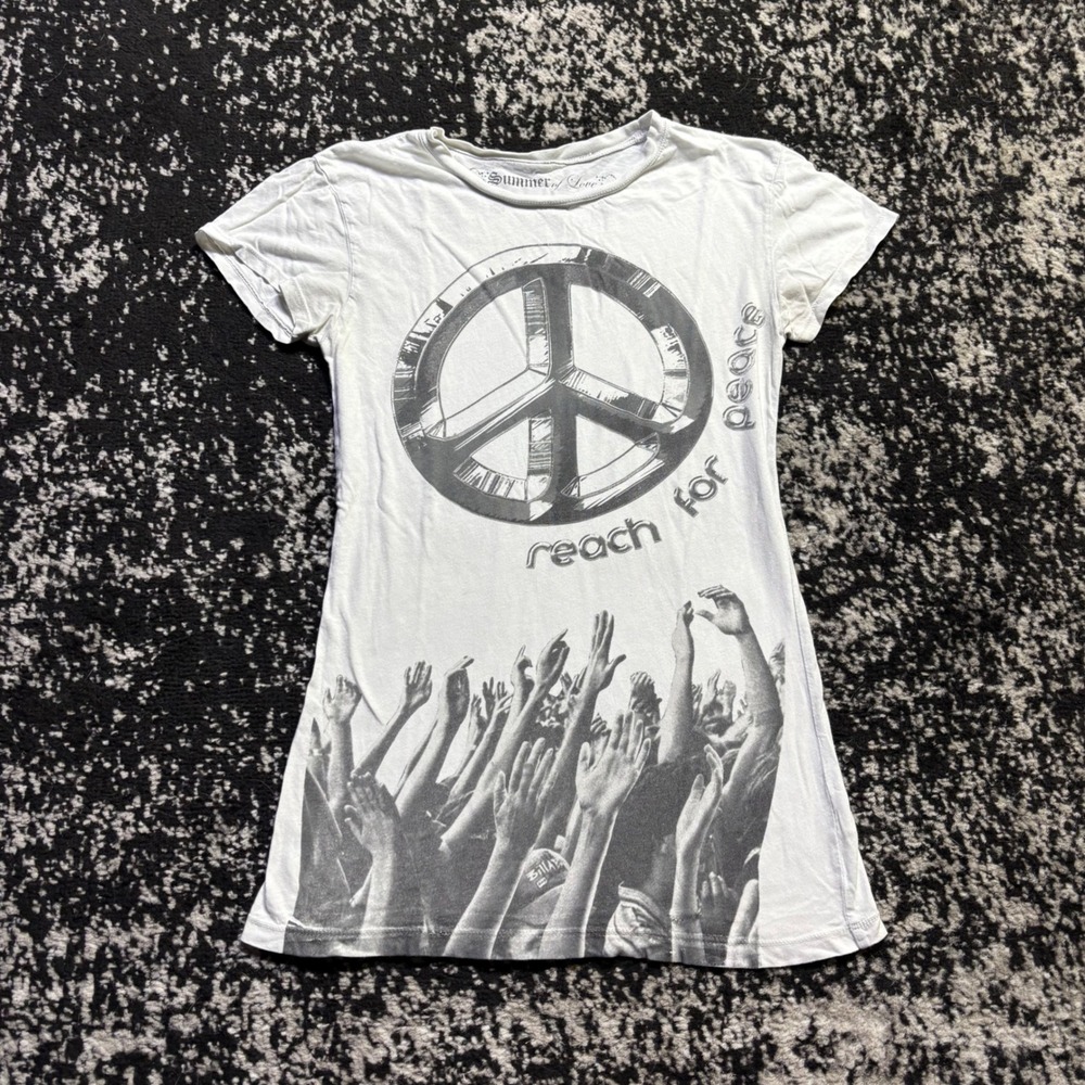 Summer of Love Reach for Peace Graphic Tee White Y2K Cotton T-Shirt Womens Med